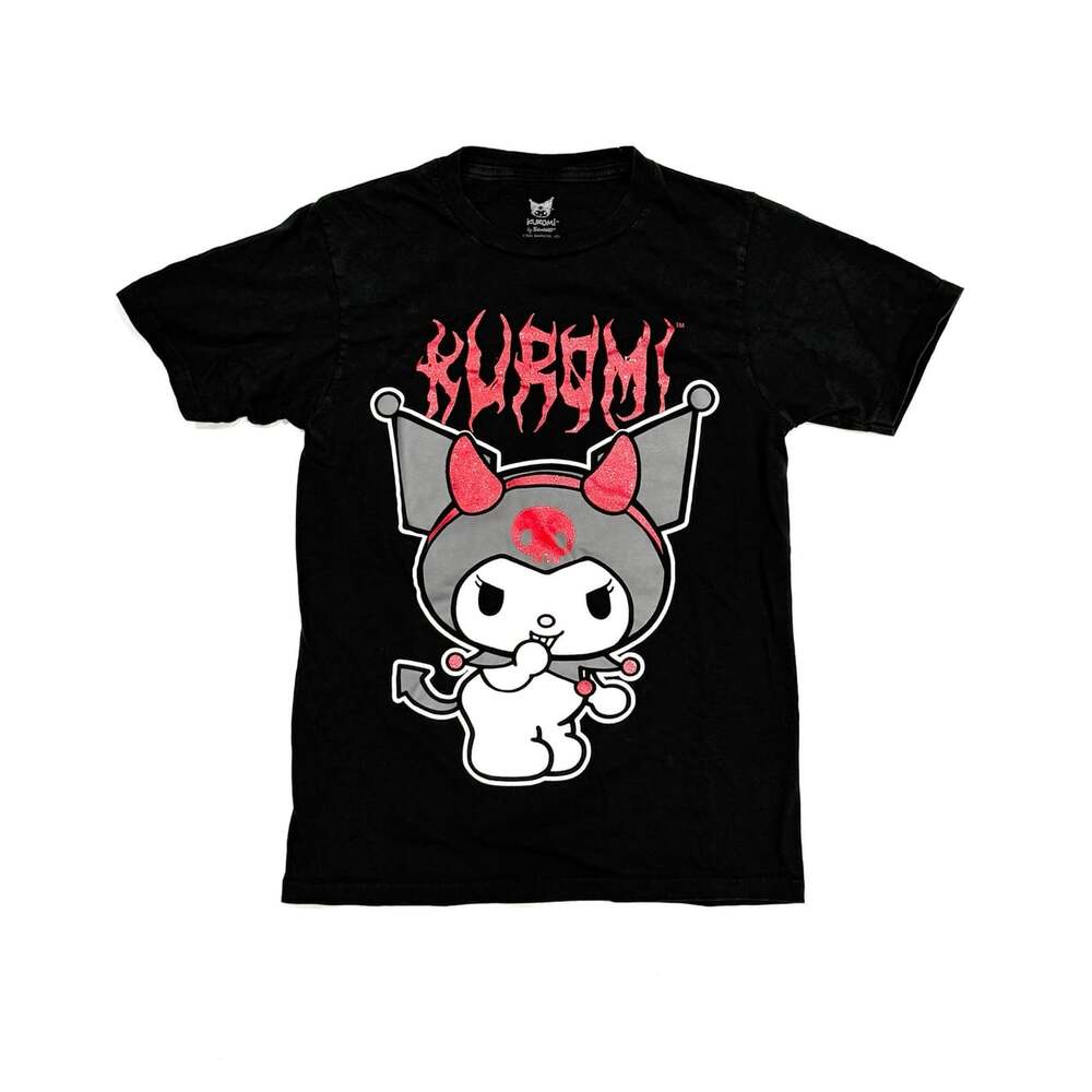 Hot Topic Sanrio Kuromi Devil Red Glitter Black Boyfriend Fit Graphic T-Shirt